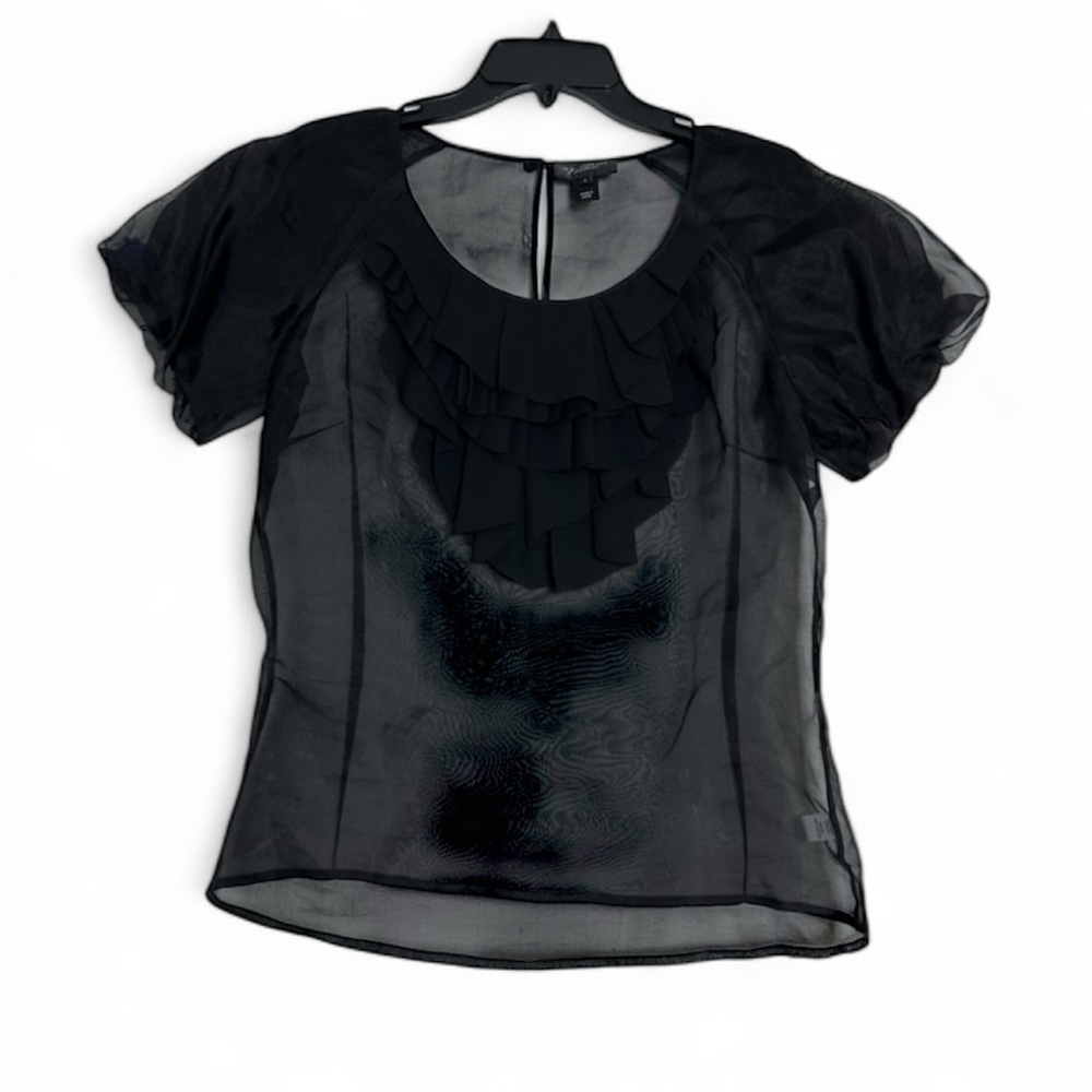St. John Couture 100% Silk Elegant Black Caviar Sheer Blouse With Puff Sleeves